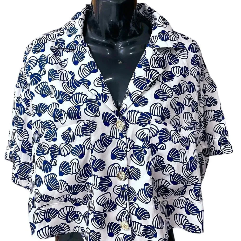 Zara Clamshell Silky‎ White & Navy Relaxed Fit Button Front Crop Top Size Large